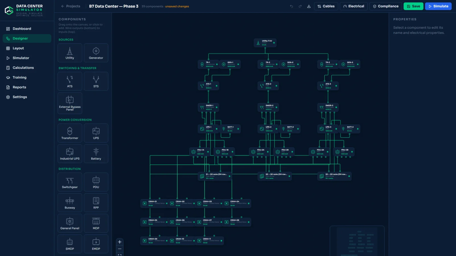 Single line diagram of a 2N topology built in the designer, from utility and generator down through ATS, UPS and PDU to the rack groups